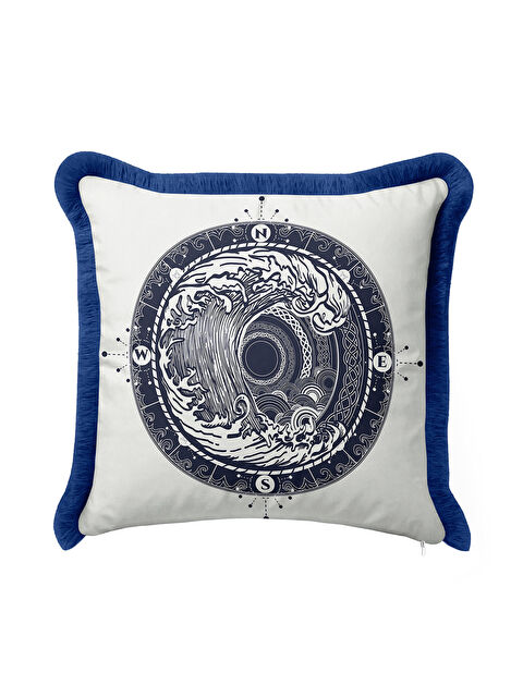 Milbay Grup Nautical Dalga Motifli Saçaklı Yastık Kılıfı - Marin Modern Lacivert Püsküllü Kırlent Kılıfı