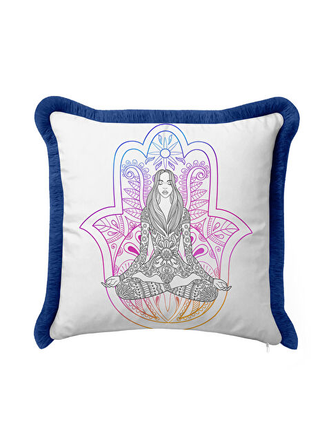 Milbay Grup Mandala Meditasyon Figürlü Saçaklı Yastık Kılıfı - Spiritüel Bohem Mor Mavi Püsküllü Kırlent Kılıfı