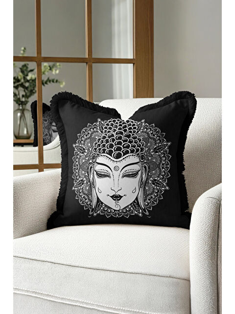 Milbay Grup Mandala İllüstrasyon Saçaklı Yastık Kılıfı - Buda Figürü Bohem Siyah Beyaz Püsküllü Kırlent Kılıfı