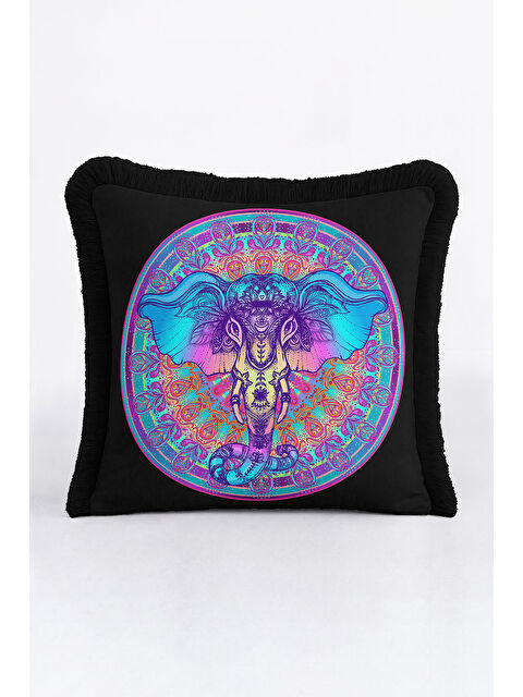 Milbay Grup Bohem Mandala Saçaklı Yastık Kılıfı - Etnik Hint Renkli Siyah Püsküllü Kırlent Kılıfı