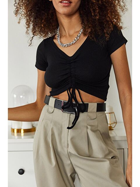 Xhan Siyah Önü Büzgülü Kısa Kol Bluz 2YXK2-46095-02 - S000037420-19351