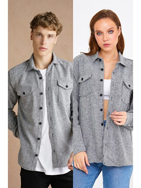 Tarz Cool Gri Çift Cep Kapaklı  unisex Oduncu Gömlek - S000168269-20600