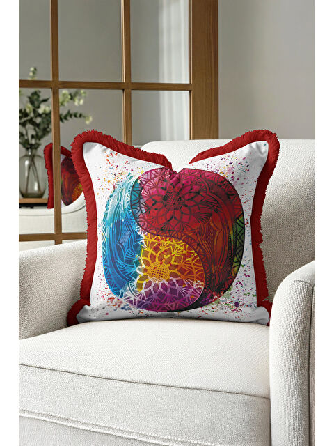 Milbay Grup Mandala Enerji Saçaklı Yastık Kılıfı - Yin Yang Bohem Çok Renkli Kırmızı Püsküllü Kırlent Kılıfı