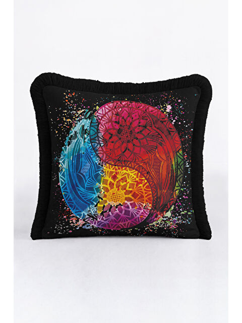 Milbay Grup Mandala Renk Patlaması Saçaklı Yastık Kılıfı - Eklektik Enerji Siyah Püsküllü Kırlent Kılıfı