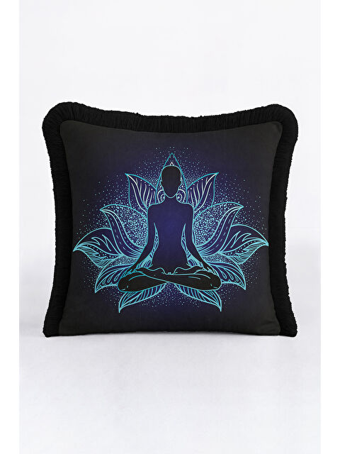 Milbay Grup Lotus Mandala Saçaklı Yastık Kılıfı - Meditasyon Temalı Bohem Siyah Püsküllü Kırlent Kılıfı