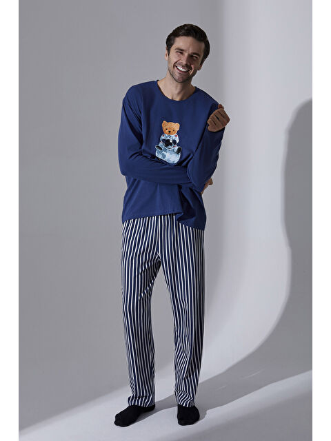 Koza İç Giyim Erkek Pamuklu Uzun Kollu Üst Astronot Baskılı Alt Çizgili Pijama Takımı - S000325218-37368