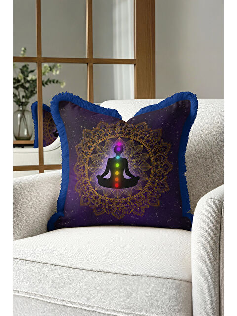 Milbay Grup Mandala Meditasyon Temalı Saçaklı Yastık Kılıfı - Kozmik Bohem Altın Renkli Püsküllü Kırlent Kılıfı