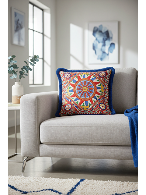 Milbay Grup Saray Ihtişamı Saçaklı Yastık Kılıfı - Doğu Esintisi Bohem Kırmızı Mavi Püsküllü Kırlent Kılıfı