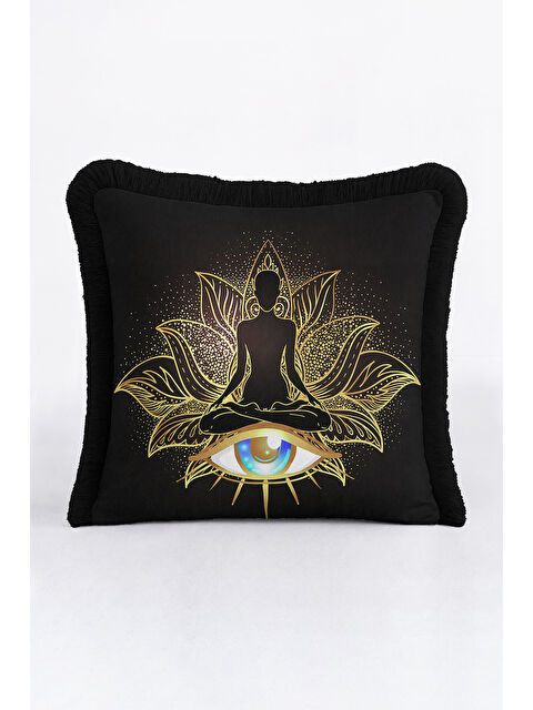 Milbay Grup Lotus Figürlü Saçaklı Yastık Kılıfı - Mistik Bohem Siyah Altın Renkli Püsküllü Kırlent Kılıfı