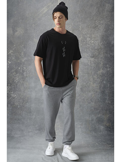 Air Jones Siyah %100 Pamuk Kalın Yumuşak Dokulu Oversize Fit Baskılı Erkek Tişört - 88355 - S000149632-19351