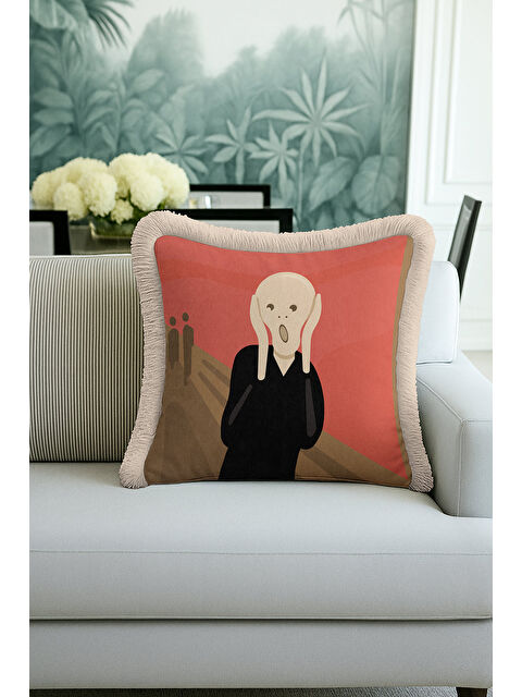 Milbay Grup Sanatsal İkonik Saçaklı Yastık Kılıfı - Soyut Ekspresyonist Modern Kızıl Bej Püsküllü Kırlent Kılıfı