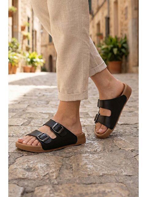 Gezer Kadın Yazlık Suni Deri İki Kemer Cırt Cırtlı Ayarlanabilir Rahat Taban Günlük Terlik - S000435007-19351