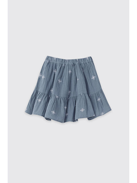 Panço Kız Çocuk Nakışlı Civit Mavisi Müslin Etek - S000447102-23093