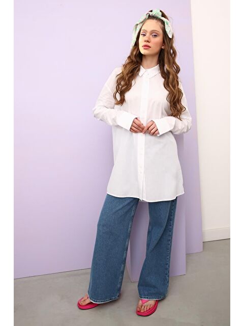 ALLDAY Beyaz %100 Pamuk Oversize Kolu Büzgü Detaylı Gömlek Tunik - S000020004-20063