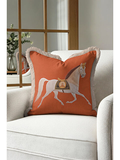 Milbay Grup At Figürlü Saçaklı Yastık Kılıfı - Zarif Bohem Tarçın Bej Püsküllü Kırlent Kılıfı