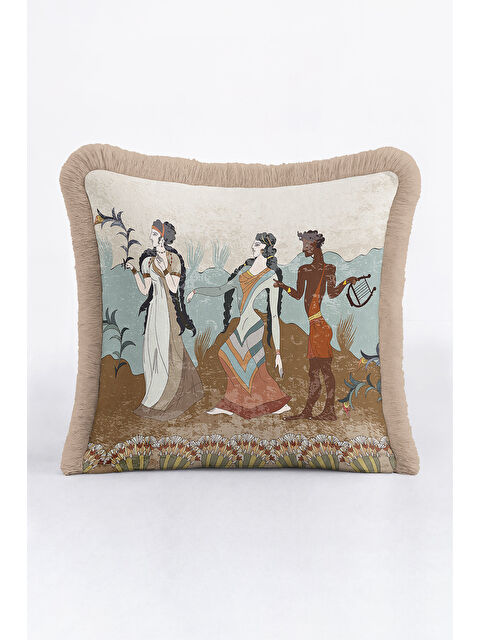 Milbay Grup Mitolojik Figürlü Saçaklı Yastık Kılıfı - Antik Esintili Retro Bej Mavi Püsküllü Kırlent Kılıfı