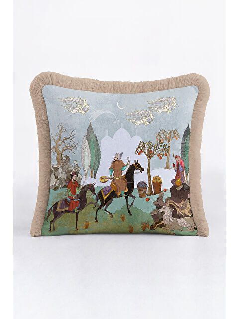 Milbay Grup Persian Minyatür Saçaklı Yastık Kılıfı - Geleneksel Etnik Mavi Bej Püsküllü Kırlent Kılıfı
