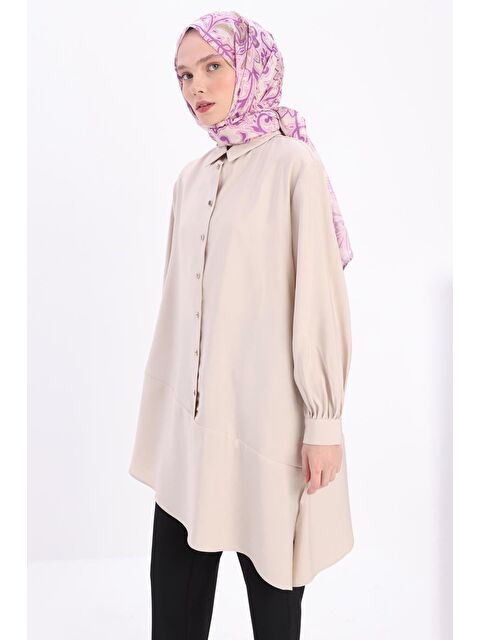 ALLDAY Ekru-Eteği Asimetrik Yırtmaçlı Gömlek Yaka Tunik - S000023072-19965