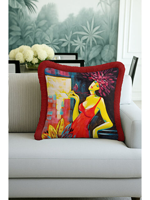 Milbay Grup Modern Sanatsal Figüratif Saçaklı Yastık Kılıfı - Renkli Bohem Kırmızı Püsküllü Kırlent Kılıfı