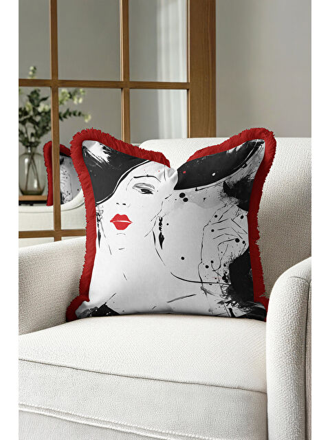 Milbay Grup Sanatsal Portre Saçaklı Yastık Kılıfı - Minimal Modern Siyah Beyaz Kırmızı Püsküllü Kırlent Kılıfı