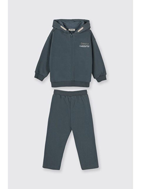 Panço Erkek Bebek Kapüşonlu Fermuarlı Sweatshirt Beli Lastikli Petrol 2'li Eşofman Takımı - S000470991-20019