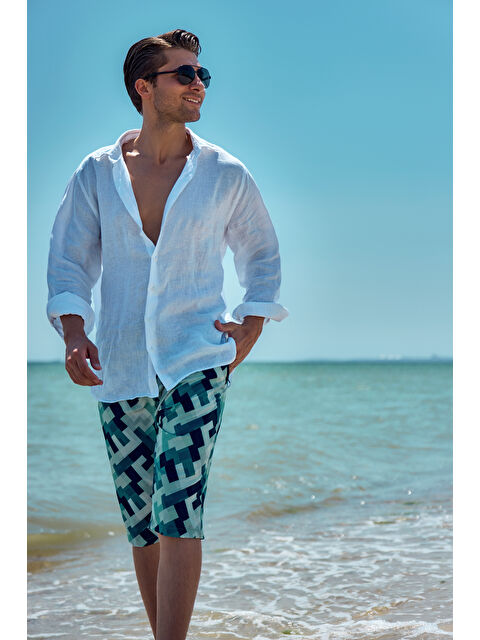 Remsa Mayo Erkek Havuz Deniz Uzun Kapri Şort Mayo RK003 Mavi - S000317197-17234