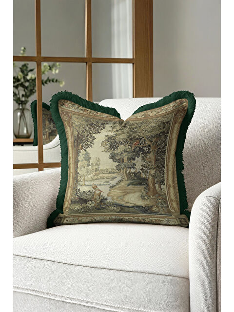 Milbay Grup Avangart Doğal Manzara Saçaklı Yastık Kılıfı - Klasik Vintage Yeşil Gold Renk Püsküllü Kırlent Kılıf