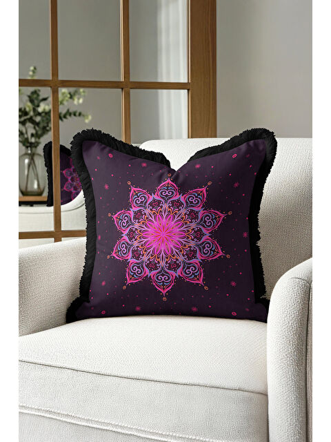 Milbay Grup Mandala Sanatı Saçaklı Yastık Kılıfı - Bohem Stil Mor Pembe Siyah Püsküllü Kırlent Kılıfı