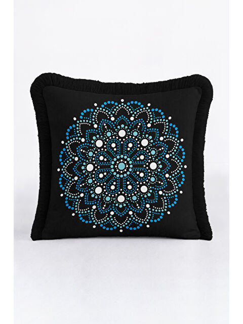 Milbay Grup Lüks Mandala Saçaklı Yastık Kılıfı - Etnik Motif Siyah Mavi Püsküllü Kırlent Kılıfı