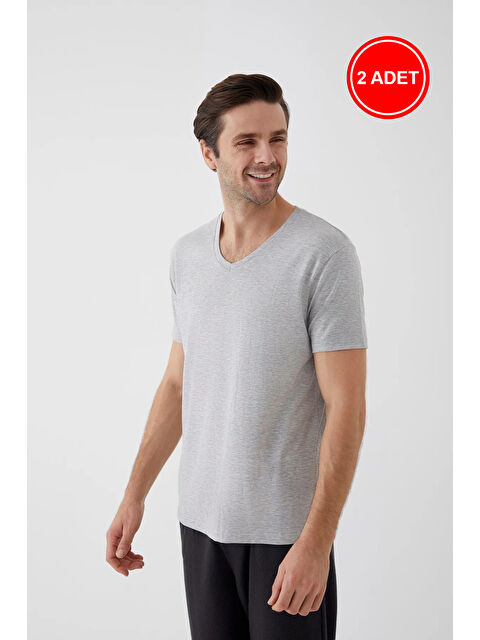 Koza İç Giyim Gri Erkek Pamuklu V Yaka Kısa Kollu Tişört 2 Adet - S000324311-74 | - S000324311-74