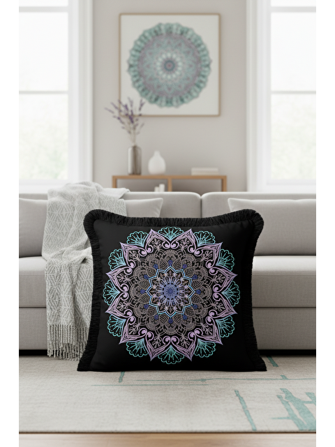 Milbay Grup Loft Mandala Saçaklı Yastık Kılıfı - Bohem Siyah Mor Mavi Püsküllü Kırlent Kılıfı