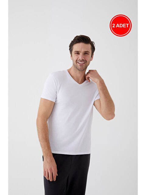 Koza İç Giyim Beyaz Erkek Pamuklu V Yaka Kısa Kollu Tişört 2 Adet - S000324311-20063 | - S000324311-20063