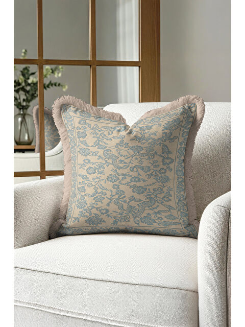 Milbay Grup Zarif Kuş Motifli Saçaklı Yastık Kılıfı - Klasik Bahçe Etnik Mavi Bej Püsküllü Kırlent Kılıfı