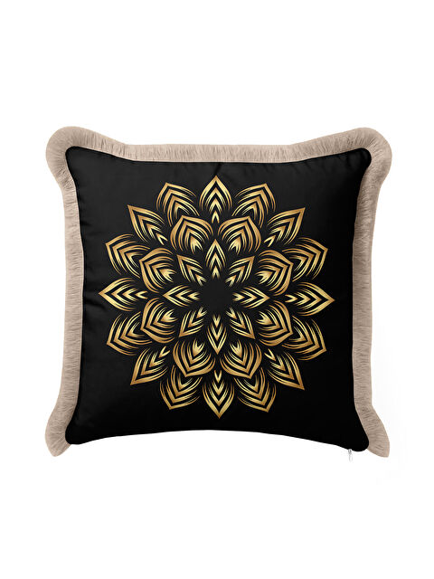 Milbay Grup Lüks Mandala Motifli Saçaklı Yastık Kılıfı - Geometrik Bohem Siyah Gold Renk Püsküllü Kırlent Kılıfı
