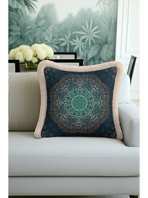 Milbay Grup Mandala Motifli Saçaklı Yastık Kılıfı - Bohem Stil Zümrüt Yeşil Altın Renkli Püsküllü Kırlent Kılıfı