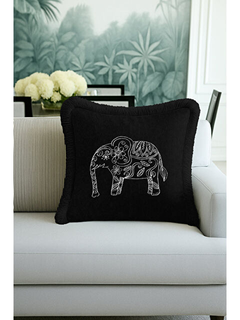 Milbay Grup Hintli Fil Motifli Saçaklı Yastık Kılıfı - Siyah Etnik Bohem Beyaz Püsküllü Kırlent Kılıfı