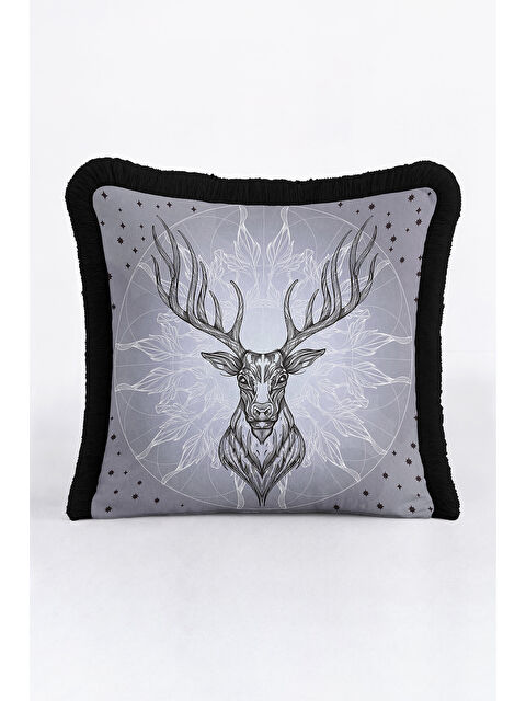 Milbay Grup Asil Geyik Figürlü Saçaklı Yastık Kılıfı - Boho Tarz Gri Siyah Püsküllü Kırlent Kılıfı