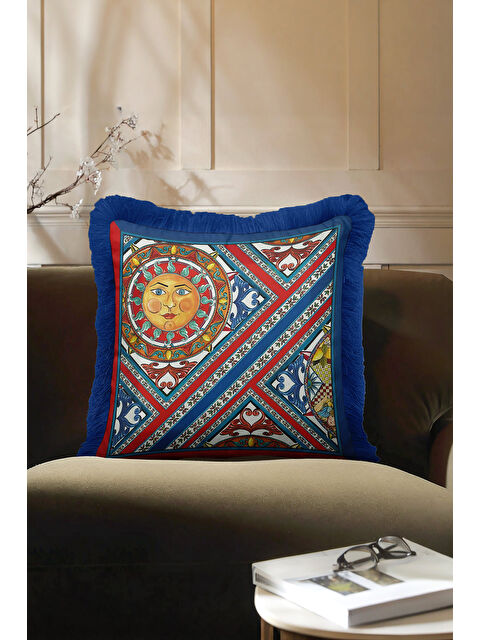Milbay Grup Barok Güneş Motifli Saçaklı Yastık Kılıfı - Akdeniz Bohem Mavi Kırmızı Püsküllü Kırlent Kılıfı
