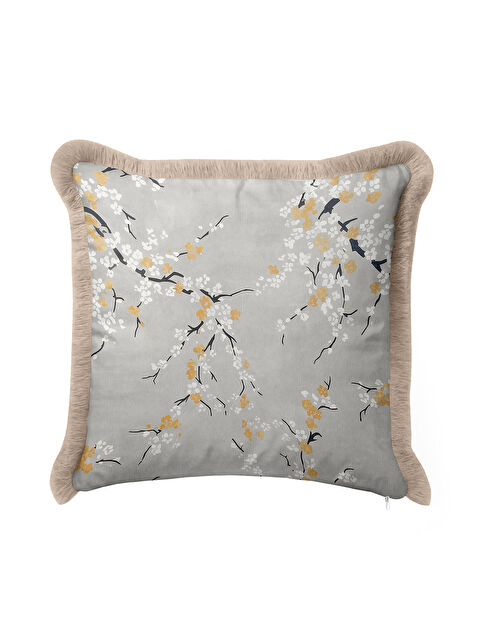 Milbay Grup Sakura Çiçek Motifli Saçaklı Yastık Kılıfı - Zarif Naturel Bohem Gri Gold Püsküllü Kırlent Kılıfı