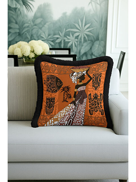 Milbay Grup Afrikan Motifli Saçaklı Yastık Kılıfı - Etnik Tarz Sıcak Kahverengi Püsküllü Kırlent Kılıfı