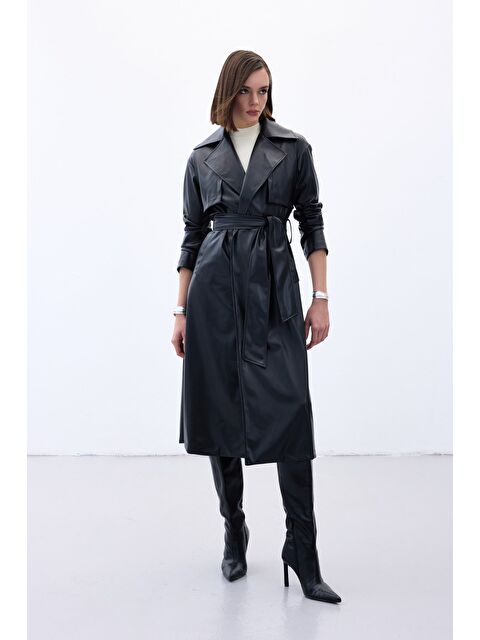 SATEEN Kuşaklı Uzun Deri Trenç - Siyah - S000324390-19351