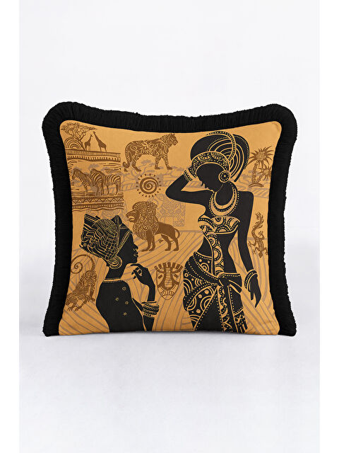 Milbay Grup Afrika Esintili Saçaklı Yastık Kılıfı - Etnik Bohem Siyah Altın Renkli Püsküllü Kırlent Kılıfı
