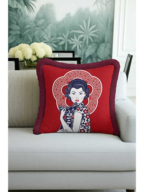 Milbay Grup Retro Figürlü Saçaklı Yastık Kılıfı - Sanatsal Kırmızı Bohem Bordo Püsküllü Kırlent Kılıfı