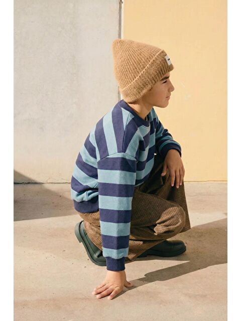 CİGİT Çizgili Triko Sweatshırt 2-12 Yaş Mint Lacivert - S000426292-1180