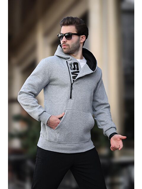 Madmext Gri Fermuar Detaylı Kapüşonlu Erkek Hoodie 1767 - S000055013-20600