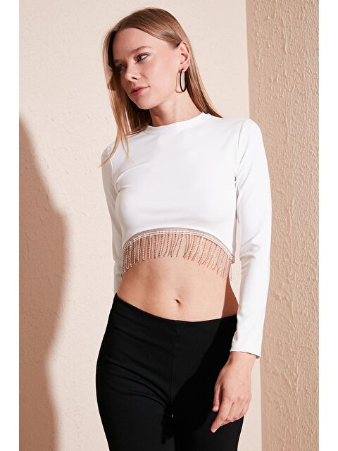 Lela Slim Fit Bisiklet Yaka Zincirli Crop Bluz 5865397 - S000067915-20063