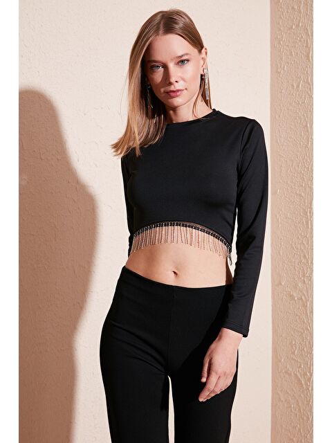 Lela Slim Fit Bisiklet Yaka Zincirli Crop Bluz 5865397 - S000067915-19351