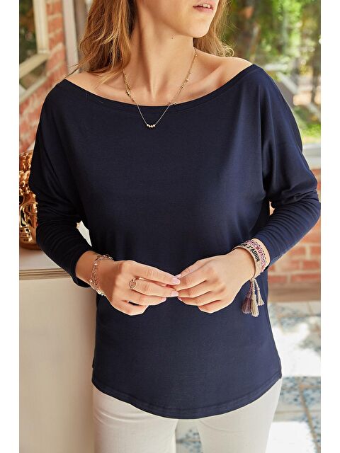 Xhan Lacivert Kayık Yaka Viskon Bluz 9YXK2-41637-14 - S000070382-21164