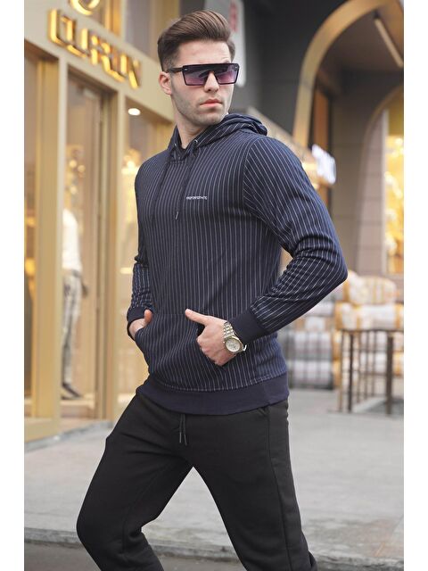 Madmext Lacivert Çizgili Kapüşonlu  Erkek Hoodie 4692 - S000049374-21164