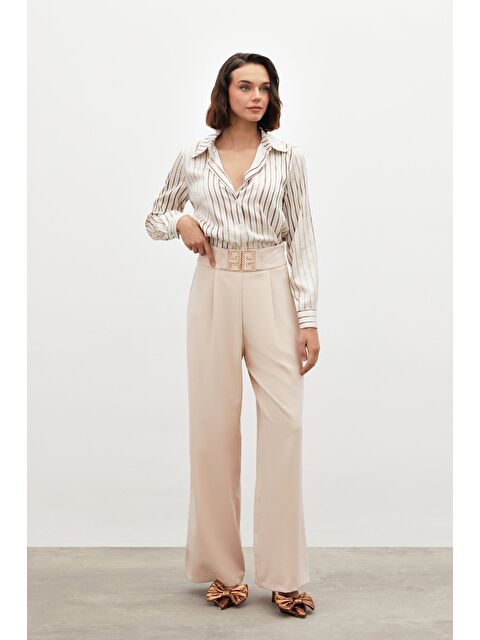 SATEEN Bel Aksesuarlı Bol Paça Pantolon - Bej - S000323841-19928
